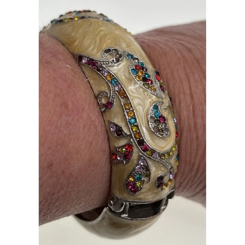 Vintage Rhinestone Bracelet Cream Marbled Enamel Hinged Clamper Art Nouveau READ